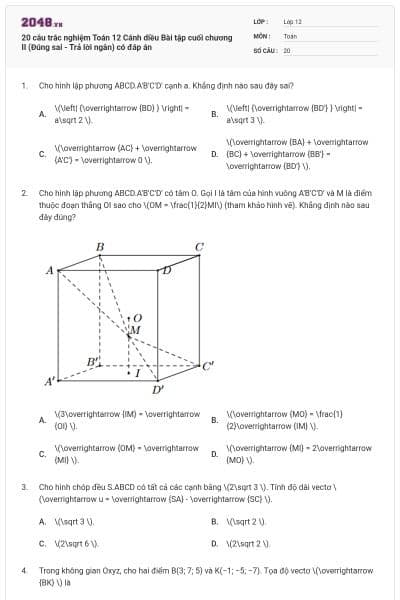 20 câu trắc nghiệm Toán 12 Cánh diều Bài tập cuối chương II (Đúng sai - Trả lời ngắn) có đáp án