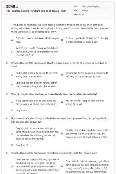 400+ câu trắc nghiệm Thực hành lái ô tô có đáp án - Phần 7