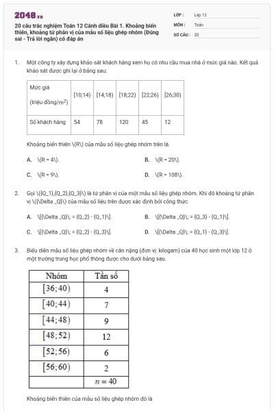 20 câu trắc nghiệm Toán 12 Cánh diều Bài 1. Khoảng biến thiên, khoảng tứ phân vị của mẫu số liệu ghép nhóm (Đúng sai - Trả lời ngắn) có đáp án