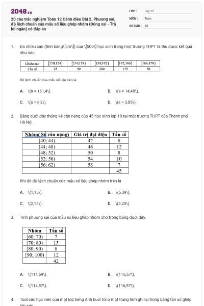 20 câu trắc nghiệm Toán 12 Cánh diều Bài 2. Phương sai, độ lệch chuẩn của mẫu số liệu ghép nhóm (Đúng sai - Trả lời ngắn) có đáp án