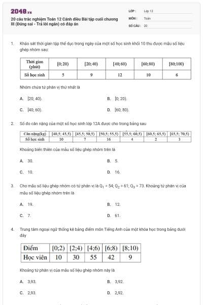 20 câu trắc nghiệm Toán 12 Cánh diều Bài tập cuối chương III (Đúng sai - Trả lời ngắn) có đáp án