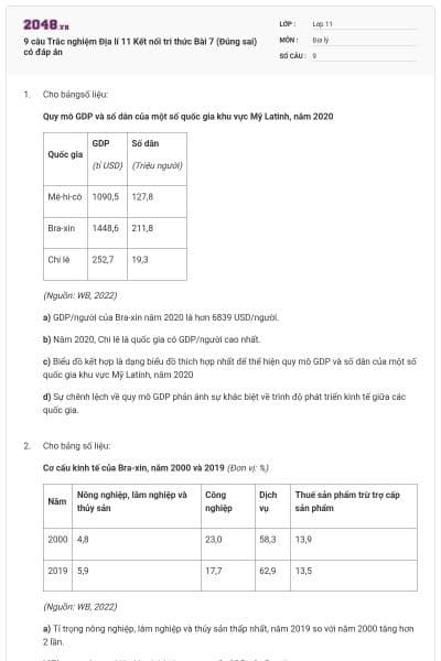 9 câu Trắc nghiệm Địa lí 11 Kết nối tri thức Bài 7 (Đúng sai) có đáp án