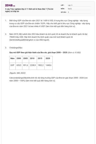 3 câu Trắc nghiệm Địa lí 11 Kết nối tri thức Bài 7 (Trả lời ngắn) có đáp án