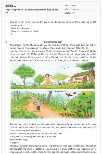 Soạn Tiếng Việt 5 CTST Bài 5: Bầy chim mùa xuân có đáp án