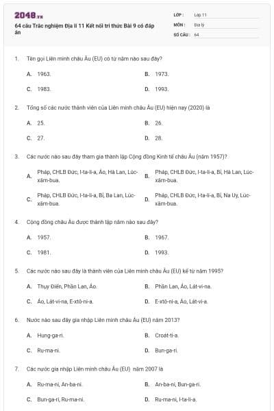 64 câu Trắc nghiệm Địa lí 11 Kết nối tri thức Bài 9 có đáp án