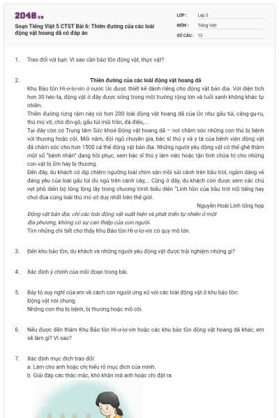 Soạn Tiếng Việt 5 CTST Bài 6: Thiên đường của các loài động vật hoang dã có đáp án