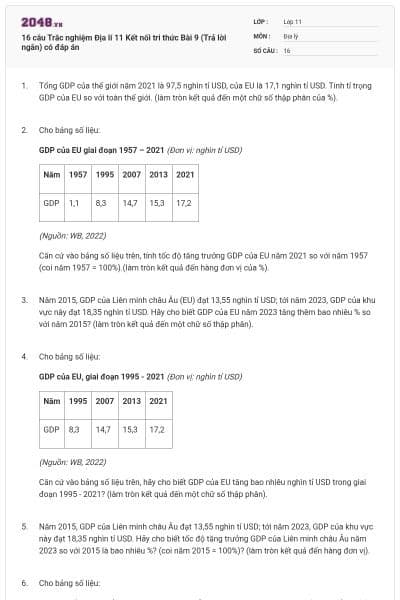 16 câu Trắc nghiệm Địa lí 11 Kết nối tri thức Bài 9 (Trả lời ngắn) có đáp án