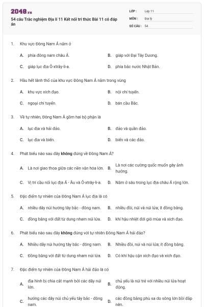 54 câu Trắc nghiệm Địa lí 11 Kết nối tri thức Bài 11 có đáp án