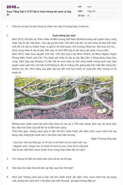 Soạn Tiếng Việt 5 CTST Bài 8: Dưới những tán xanh có đáp án