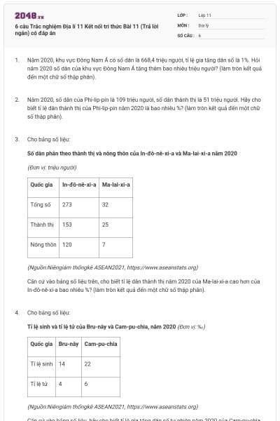 6 câu Trắc nghiệm Địa lí 11 Kết nối tri thức Bài 11 (Trả lời ngắn) có đáp án