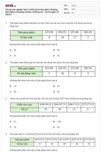 20 câu trắc nghiệm Toán 12 Kết nối tri thức Bài 9. Khoảng biến thiên và khoảng tứ phân vị (Đúng sai - Trả lời ngắn) có đáp án