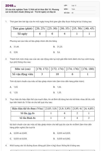 20 câu trắc nghiệm Toán 12 Kết nối tri thức Bài 10. Phương sai và độ lệch chuẩn (Đúng sai - Trả lời ngắn) có đáp án