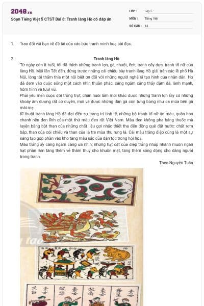 Soạn Tiếng Việt 5 CTST Bài 8: Tranh làng Hồ có đáp án