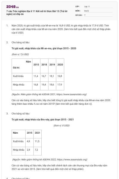 7 câu Trắc nghiệm Địa lí 11 Kết nối tri thức Bài 13 (Trả lời ngắn) có đáp án