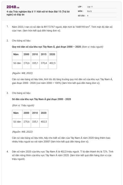 4 câu Trắc nghiệm Địa lí 11 Kết nối tri thức Bài 15 (Trả lời ngắn) có đáp án