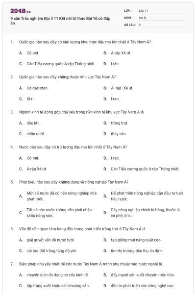 9 câu Trắc nghiệm Địa lí 11 Kết nối tri thức Bài 16 có đáp án
