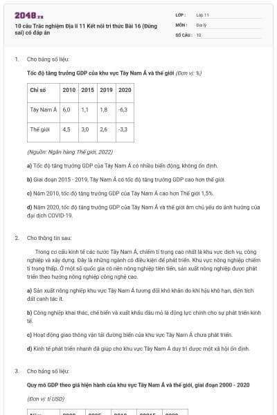10 câu Trắc nghiệm Địa lí 11 Kết nối tri thức Bài 16 (Đúng sai) có đáp án