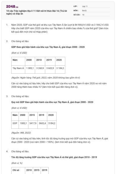 10 câu Trắc nghiệm Địa lí 11 Kết nối tri thức Bài 16 (Trả lời ngắn) có đáp án