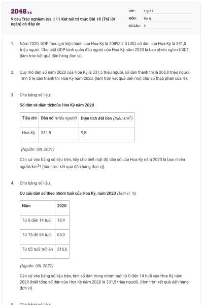 9 câu Trắc nghiệm Địa lí 11 Kết nối tri thức Bài 18 (Trả lời ngắn) có đáp án