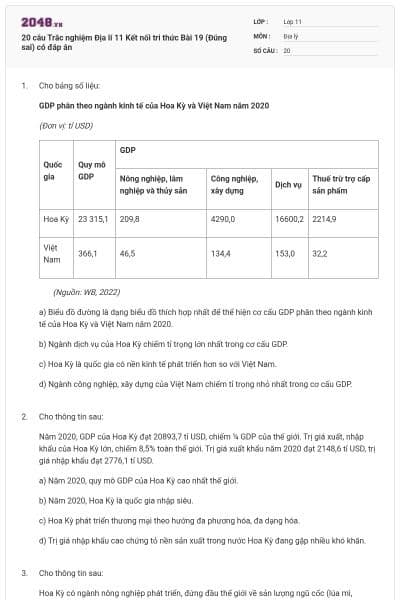 20 câu Trắc nghiệm Địa lí 11 Kết nối tri thức Bài 19 (Đúng sai) có đáp án