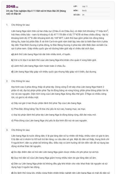 24 câu Trắc nghiệm Địa lí 11 Kết nối tri thức Bài 20 (Đúng sai) có đáp án