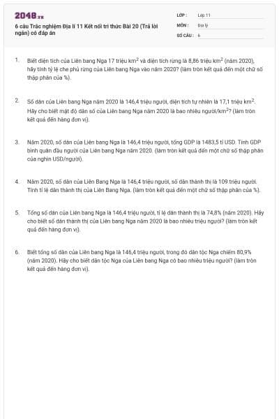 6 câu Trắc nghiệm Địa lí 11 Kết nối tri thức Bài 20 (Trả lời ngắn) có đáp án