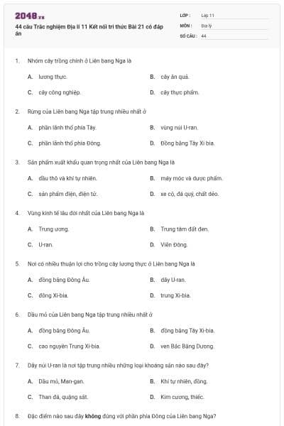 44 câu Trắc nghiệm Địa lí 11 Kết nối tri thức Bài 21 có đáp án