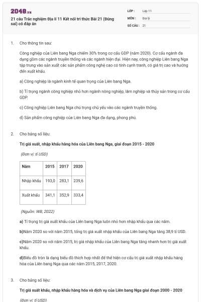 21 câu Trắc nghiệm Địa lí 11 Kết nối tri thức Bài 21 (Đúng sai) có đáp án
