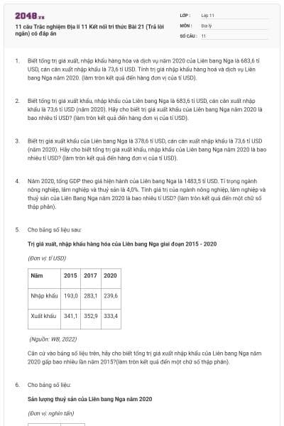 11 câu Trắc nghiệm Địa lí 11 Kết nối tri thức Bài 21 (Trả lời ngắn) có đáp án