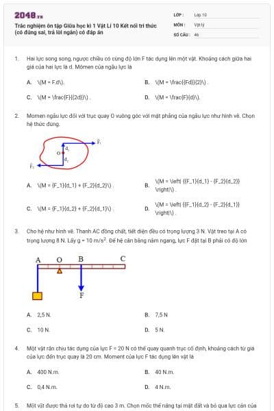 Trắc nghiệm ôn tập Giữa học kì 1 Vật Lí 10 Kết nối tri thức (có đúng sai, trả lời ngắn) có đáp án