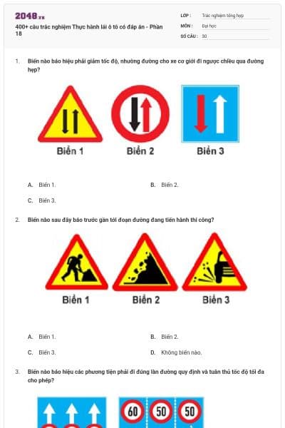 400+ câu trắc nghiệm Thực hành lái ô tô có đáp án - Phần 18