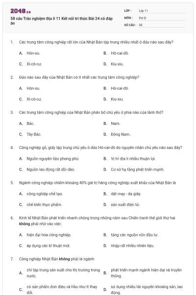 58 câu Trắc nghiệm Địa lí 11 Kết nối tri thức Bài 24 có đáp án