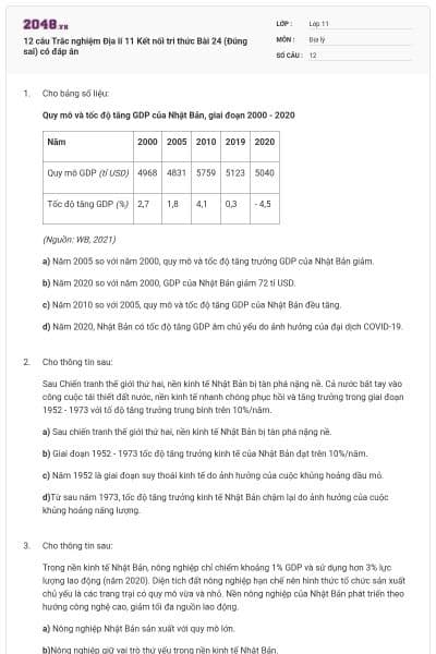 12 câu Trắc nghiệm Địa lí 11 Kết nối tri thức Bài 24 (Đúng sai) có đáp án