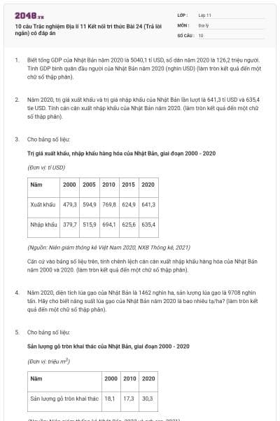 10 câu Trắc nghiệm Địa lí 11 Kết nối tri thức Bài 24 (Trả lời ngắn) có đáp án