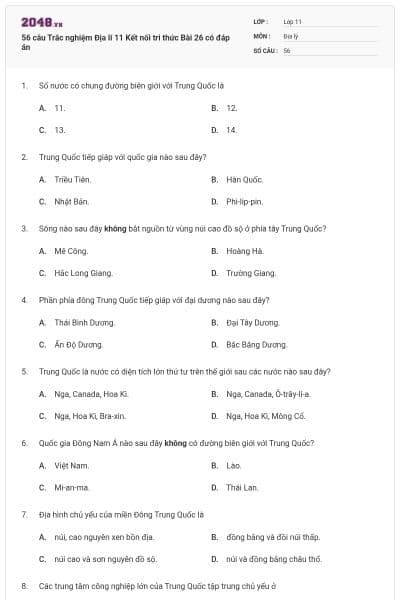 56 câu Trắc nghiệm Địa lí 11 Kết nối tri thức Bài 26 có đáp án