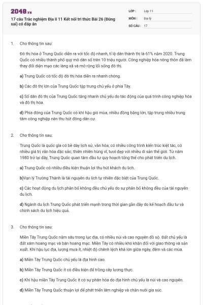 17 câu Trắc nghiệm Địa lí 11 Kết nối tri thức Bài 26 (Đúng sai) có đáp án