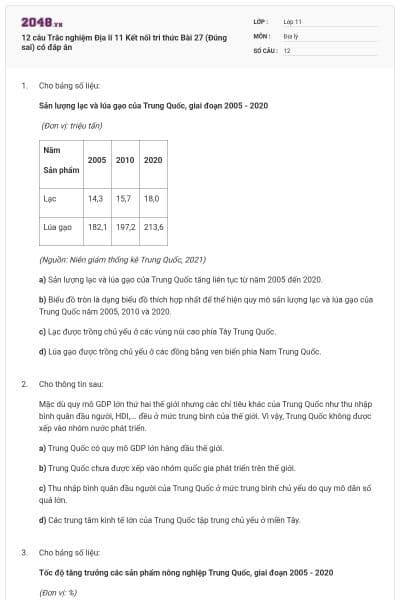 12 câu Trắc nghiệm Địa lí 11 Kết nối tri thức Bài 27 (Đúng sai) có đáp án