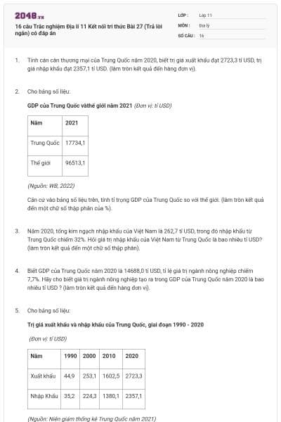 16 câu Trắc nghiệm Địa lí 11 Kết nối tri thức Bài 27 (Trả lời ngắn) có đáp án