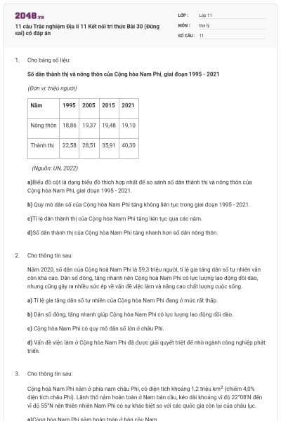 11 câu Trắc nghiệm Địa lí 11 Kết nối tri thức Bài 30 (Đúng sai) có đáp án