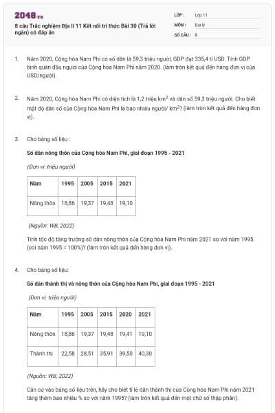8 câu Trắc nghiệm Địa lí 11 Kết nối tri thức Bài 30 (Trả lời ngắn) có đáp án