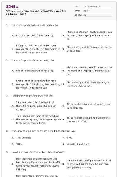 300+ câu trắc nghiệm Lập trình hướng đối tượng với C++ có đáp án - Phần 4