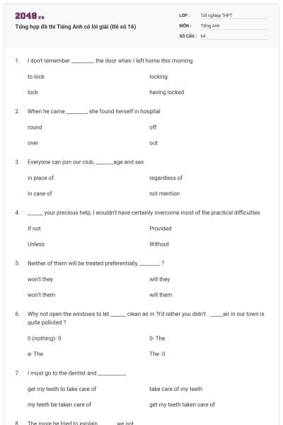 Tổng hợp đề thi Tiếng Anh có lời giải (Đề số 16)