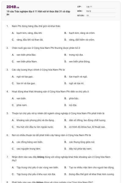 19 câu Trắc nghiệm Địa lí 11 Kết nối tri thức Bài 31 có đáp án