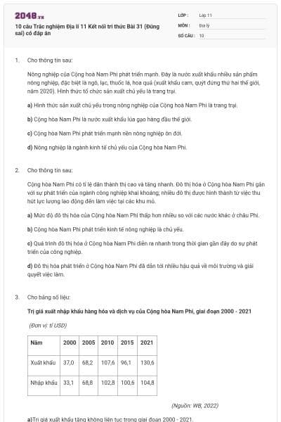 10 câu Trắc nghiệm Địa lí 11 Kết nối tri thức Bài 31 (Đúng sai) có đáp án