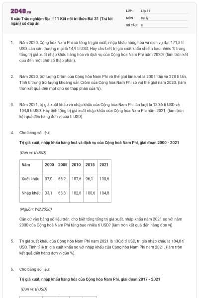 8 câu Trắc nghiệm Địa lí 11 Kết nối tri thức Bài 31 (Trả lời ngắn) có đáp án