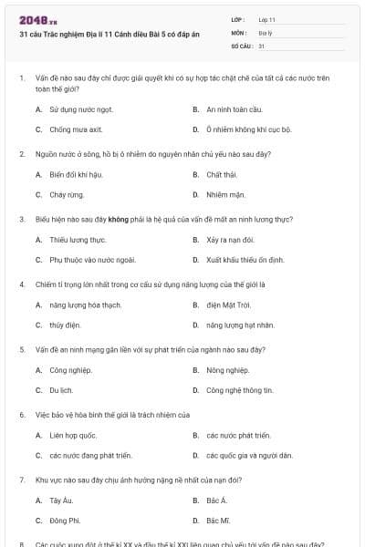31 câu Trắc nghiệm Địa lí 11 Cánh diều Bài 5 có đáp án