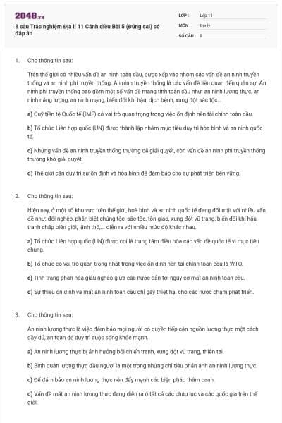 8 câu Trắc nghiệm Địa lí 11 Cánh diều Bài 5 (Đúng sai) có đáp án