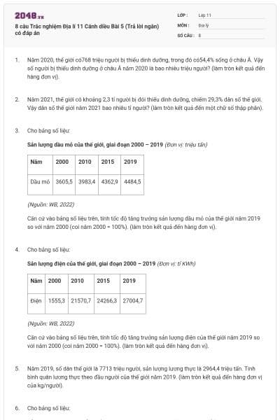 8 câu Trắc nghiệm Địa lí 11 Cánh diều Bài 5 (Trả lời ngắn) có đáp án