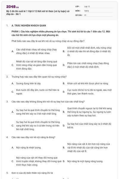 Bộ 3 đề thi cuối kì 1 Vật lí 12 Kết nối tri thức (có tự luận) có đáp án - Đề 1