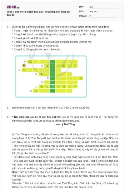 Soạn Tiếng Việt 5 Cánh diều Bài 14: Gương kiến quốc có đáp án